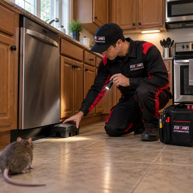 Installing a secured bait station under a kitchen appliance
