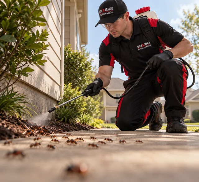 Technician treating an ant colony along a foundation