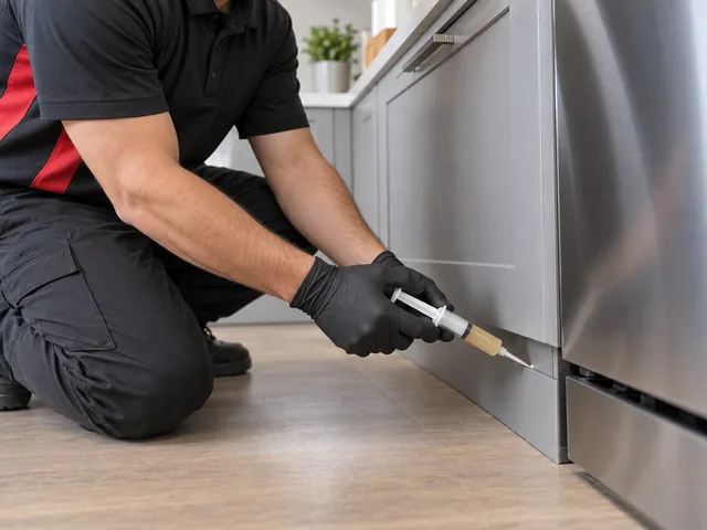 Technician applying bait gel with a syringe under a kitchen cabinet