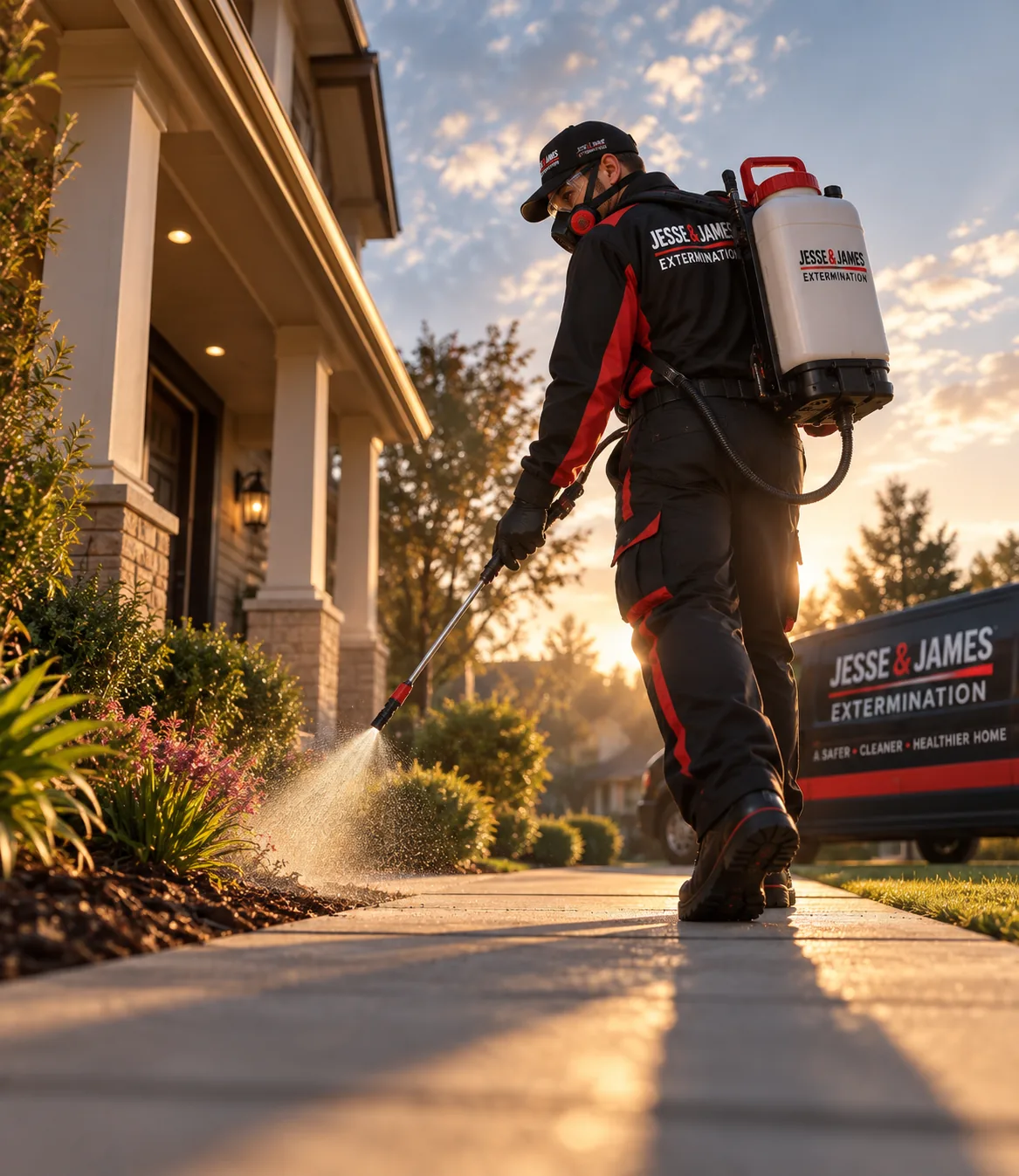 Jesse & James technician treating the perimeter of a house at sunset