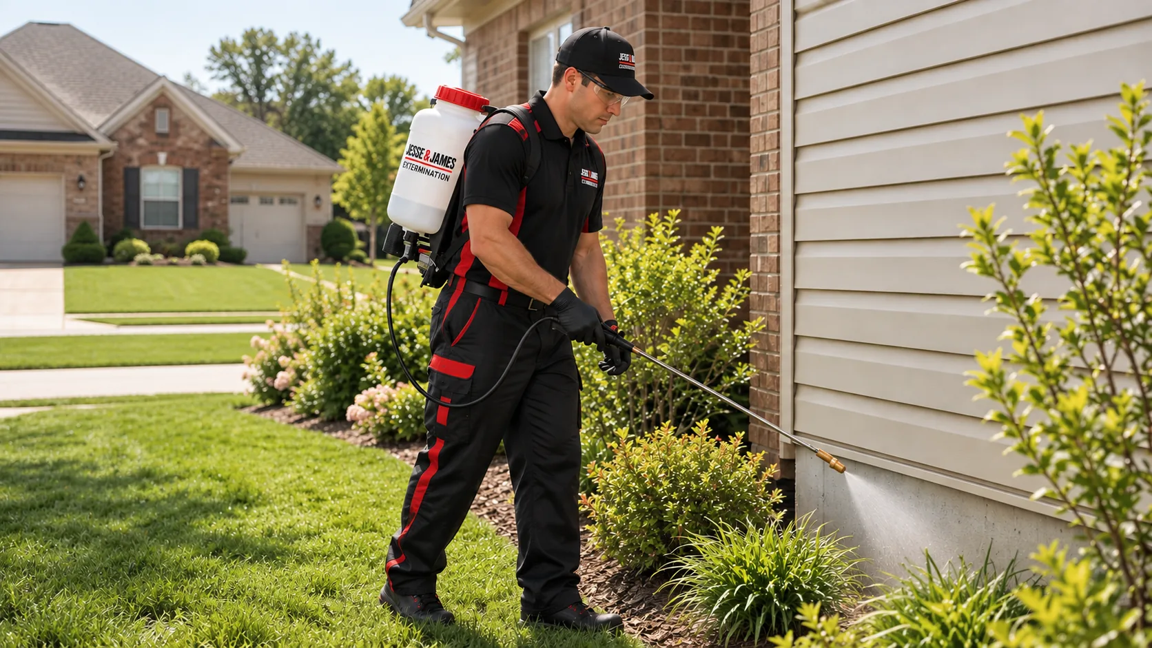 Technician treating the outside perimeter of a suburban house